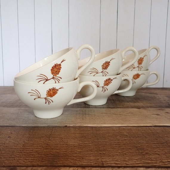 Vintage Marcrest Stetson PINE Tea Cup Set of 6 Winter Holiday Dinnerware with Evergreen and Pinecones