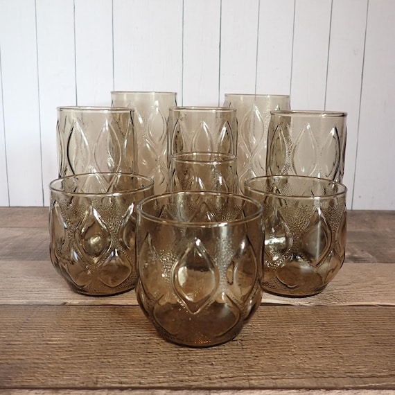 Vintage Anchor Hocking MADRID BROWN Smoky Tumbler and Old Fashioned Glasses Set of 9 Mix and Match Sizes Quilted Leaf Design Retro 1970s