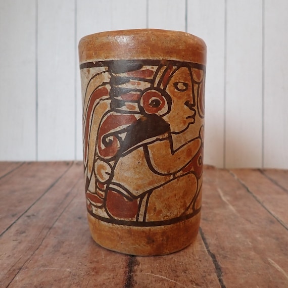 Vintage Reproduction Mexican Art Pottery Vase Orange Black White Aztec Mayan Design