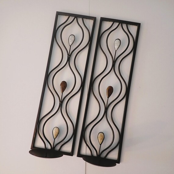 Vintage Metal Candle Wall Sconces Set of 2 Black Iron Metal with Wavy Design