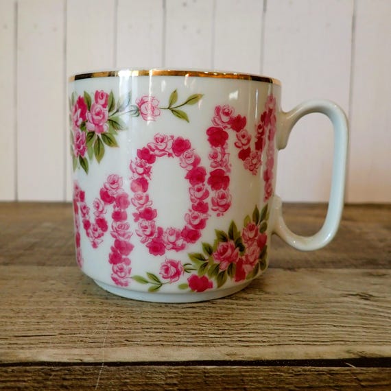 Vintage Lefton MOM Mug White with Pink Flower Design Coffee Cup