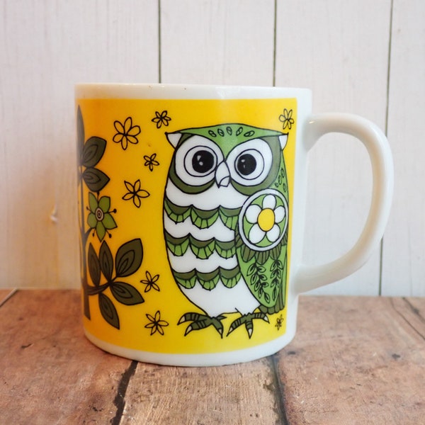 Vintage Ceramic Owl Mug White with Green and Yellow Tree and Flower Designs