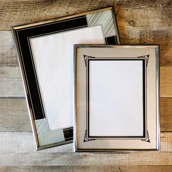 Vintage Reverse Printed Glass Set of 2 8x10 and 5x7 Photo Picture Frame Black Gray Silver with Art Deco Mid Century Modern Plaid Line Design