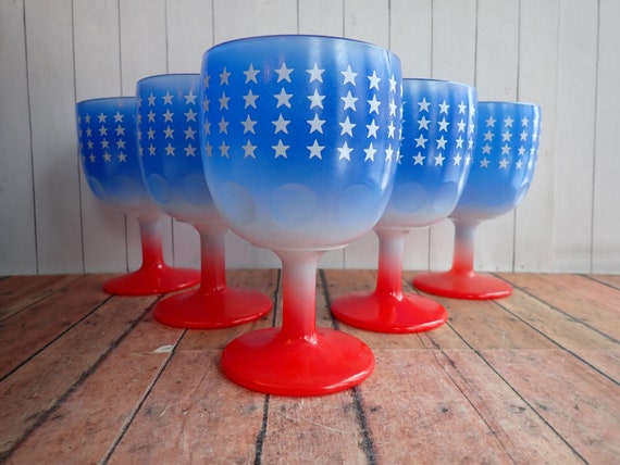 Vintage Bartlett Collins Red White and Blue American Flag Glass Goblet Set of 5 Stars and Stripes Design 4th of July