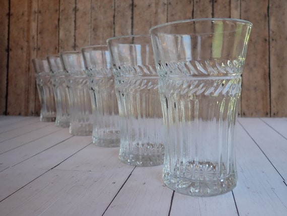 Vintage Anchor Hocking Clear Glass Laurel Tumblers Set of 6 Leaf Vine Design Drinking Glasses Style 5036