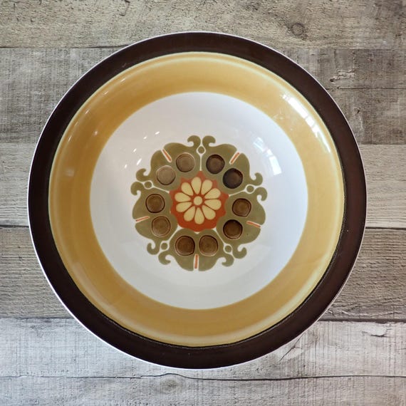 Vintage Casual Ceram Electra ECHO Stoneware Vegetable Bowl Mid Century Gold Brown Green Floral Medallion Design