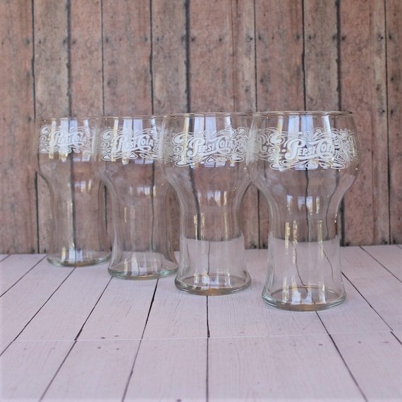 Vintage Pepsi Cola Stained Glass Clear Tumbler Set of 4 with White Words and Scroll Design Fountain Soda Glasses