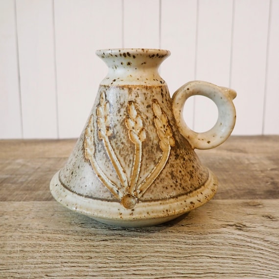 Vintage Pottery Oil Lamp Gray and Brown Stoneware with Wheat Design