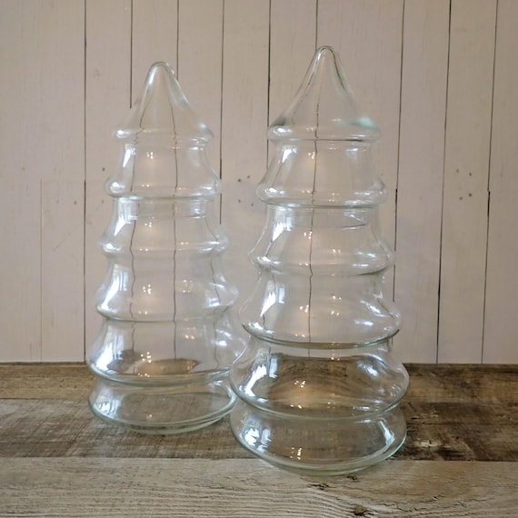 Vintage Clear Glass Tall Christmas Pine Tree Jar Canister Set of 2 Matching Jars Candy Dish