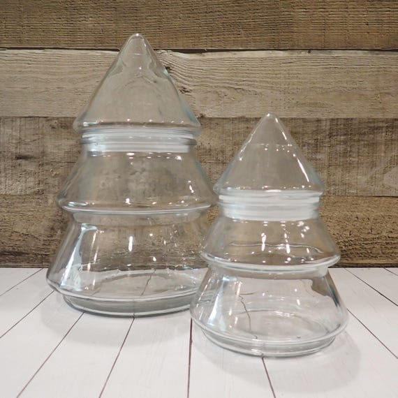 Vintage Clear Glass Christmas Pine Tree Jar Canister Set of 2 Matching Large and Small Anchor Hocking Candy Dish