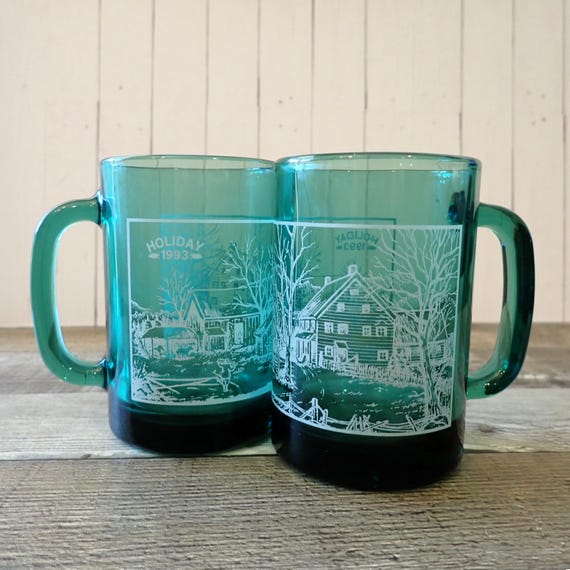 Vintage Emerald Green Glass Mug with White Winter Farmhouse Village Scene Design Set of 2 Coffee Cups 1993