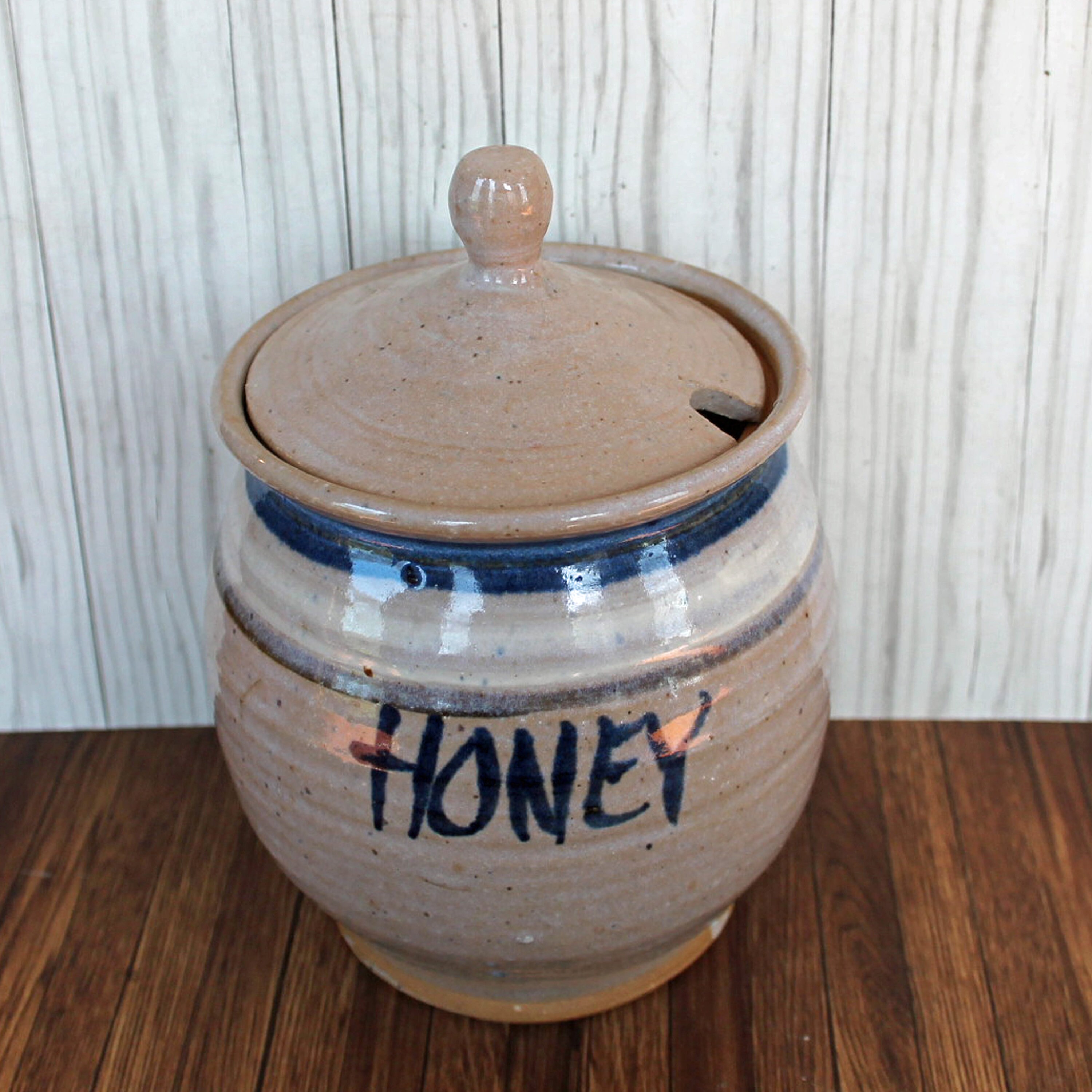 Vintage Dakota Stoneware Honey Pot Jar with Lid Grey Blue White Ceramic