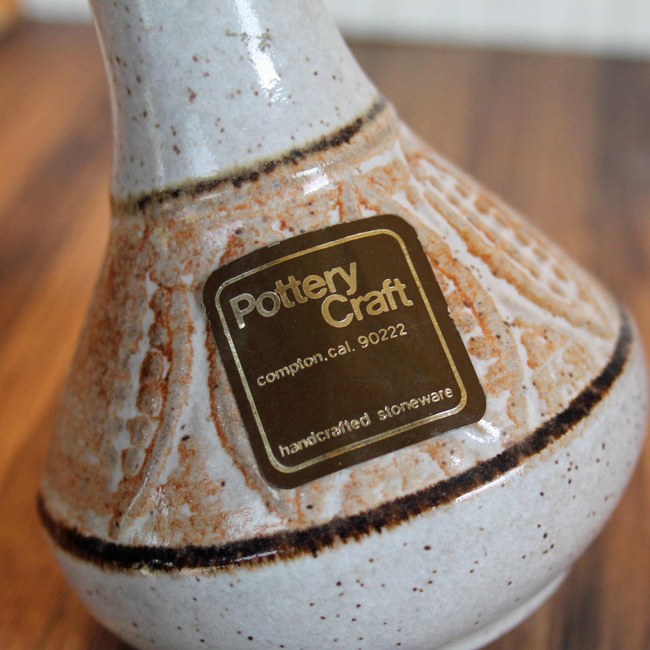 Vintage Pottery Craft USA Stoneware Bud Vase White with Brown Orange