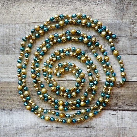 Vintage Mercury Glass Bead Garland Gold and Blue Feather Tree 12' Beaded Christmas Tree Garland Handmade Repurposed Beads