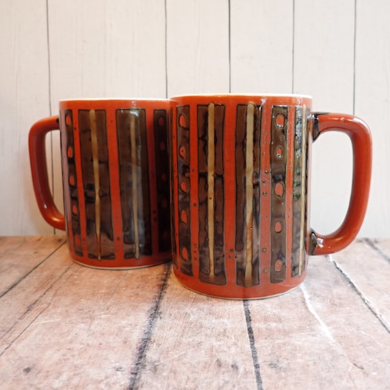 Vintage Stoneware Orange and Brown Mug Set of 2 with Line and Dot Pattern Mugs Otagiri Style Mid Century Modern Pottery