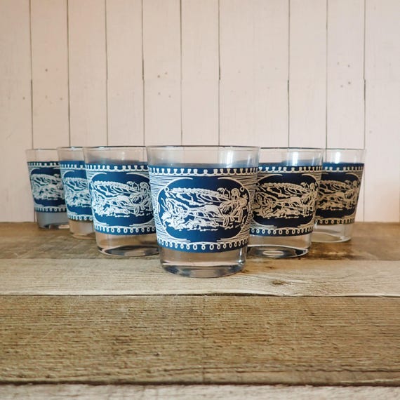 Vintage Royal China Currier and Ives Blue Old Fashioned Glasses Set of 6 Rocks Whiskey Glasses Winter Scene Christmas Design