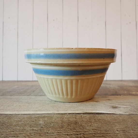 Vintage Yellow Ware 5" Striped Mixing Bowl Yellow with Blue and White Stripes Bands Yellowware