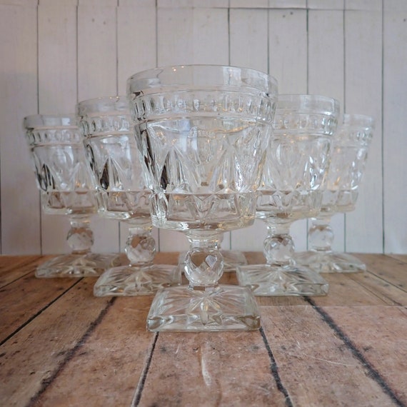 Vintage Indiana Glass Colony PARK LANE Clear Water Goblet Set of 6 Glasses Mid Century Glassware Diamond Dot Design