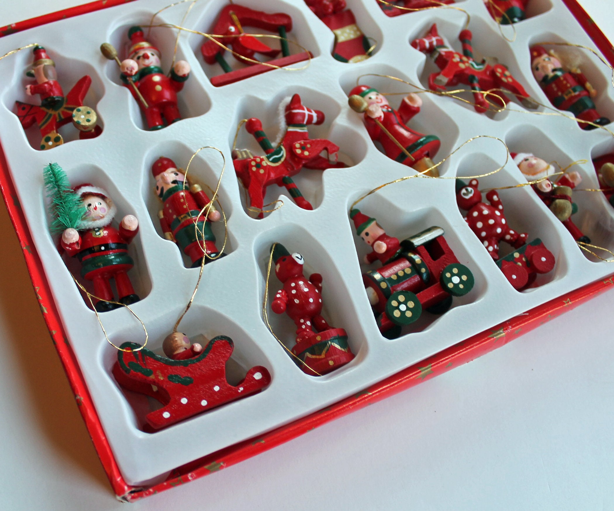 Vintage German Wooden Miniature Christmas Ornaments Set of 18 Tabletop