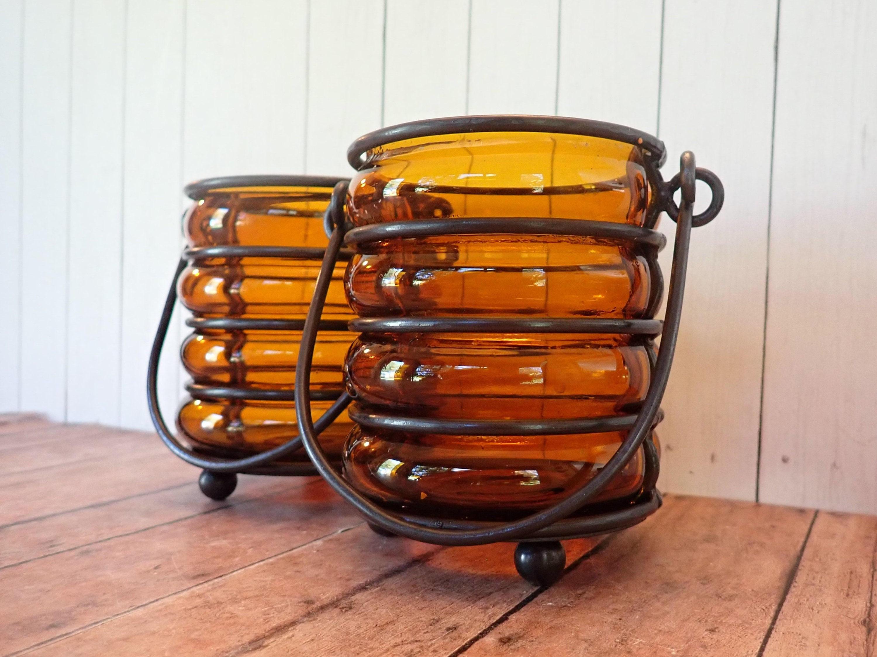 Vintage Black Iron Candle Holder Lantern with Orange Glass Ribbed