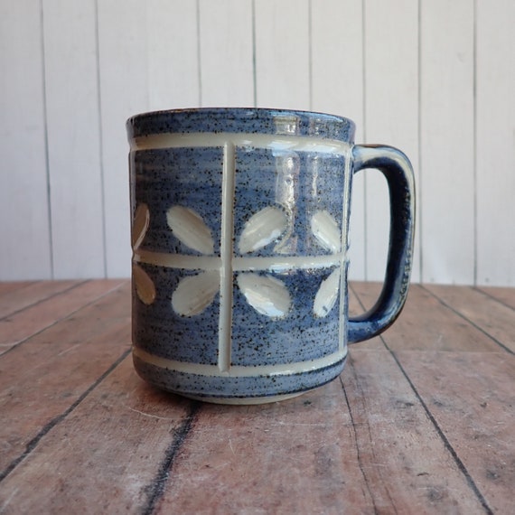 Vintage Stoneware Mug Blue and White with Etched Flower Floral Leaf Design Otagiri Style Mid Century Modern Pottery