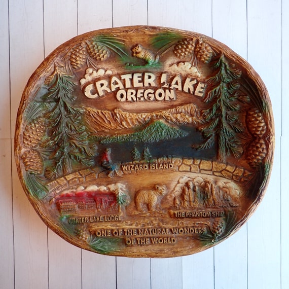 Vintage Crater Lake National Park Faux Wood Souvenir Wall Plate Tray Bowl by ASMCO