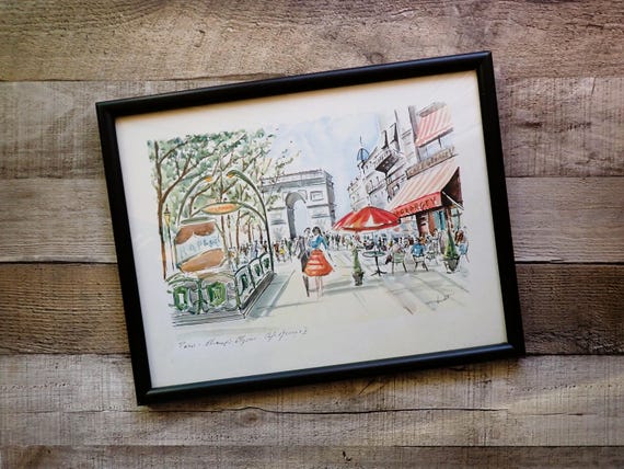 Vintage Janicotte Watercolor Framed Print Champs Elysees Cafe George V Paris Street Scene