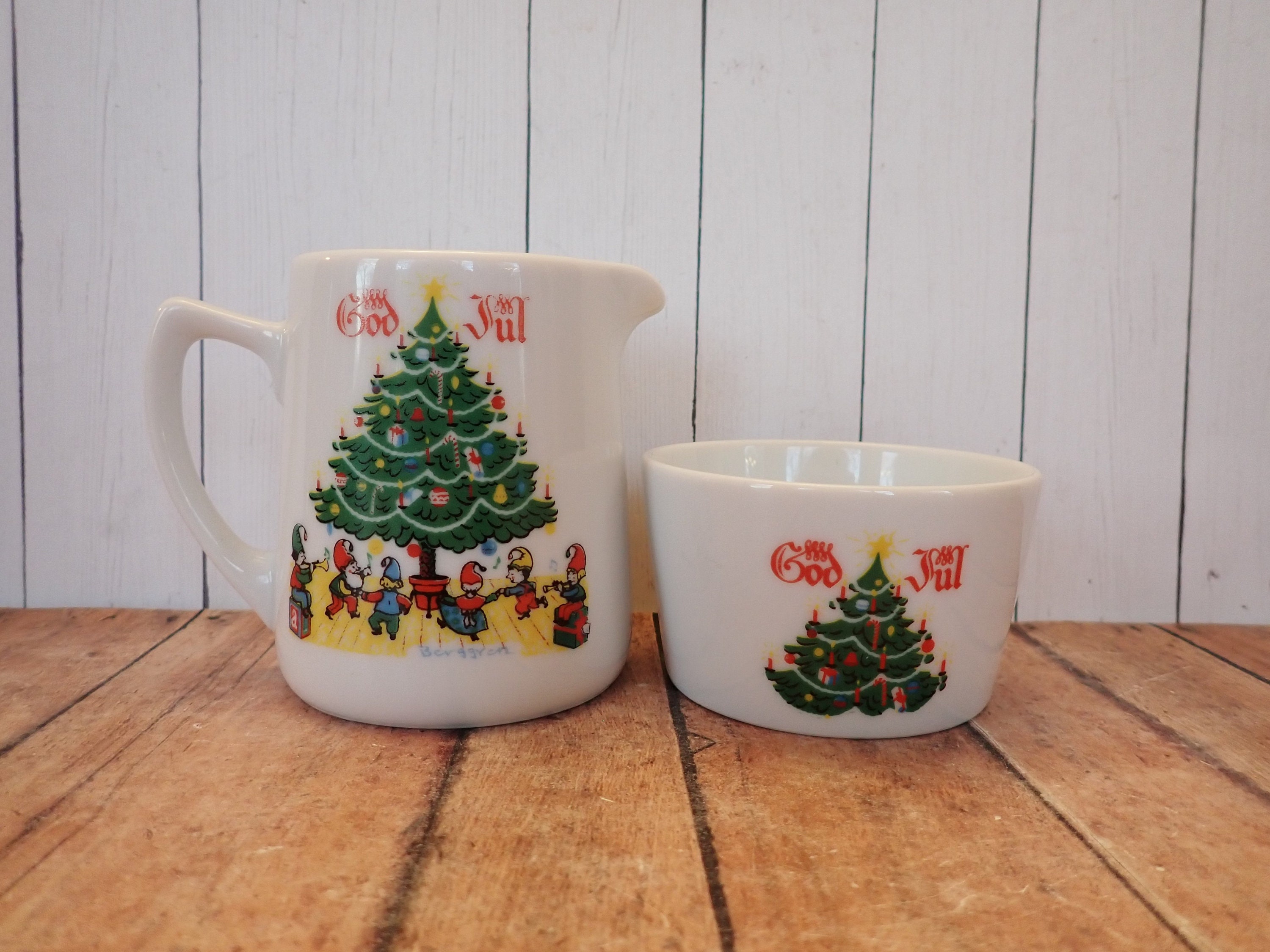 Vintage Berggren Christmas Open Sugar Bowl Dish and Creamer Set of 2 God Jul Merry Christmas