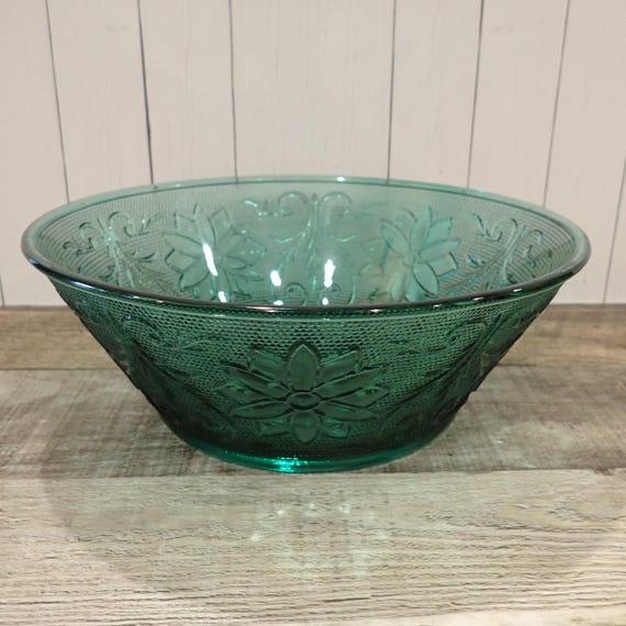 Vintage Tiara Sandwich Glass Spruce Green 8" Round Vegetable Bowl Teal Blue with Floral Flower Design