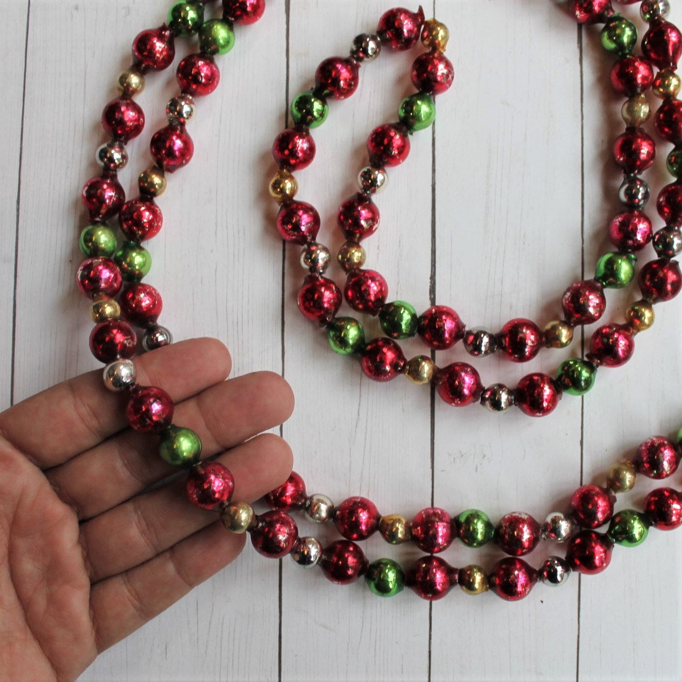Vintage Mercury Glass Bead Garland 6' Beaded Red Gold Silver Green Feather Tree Christmas Tree