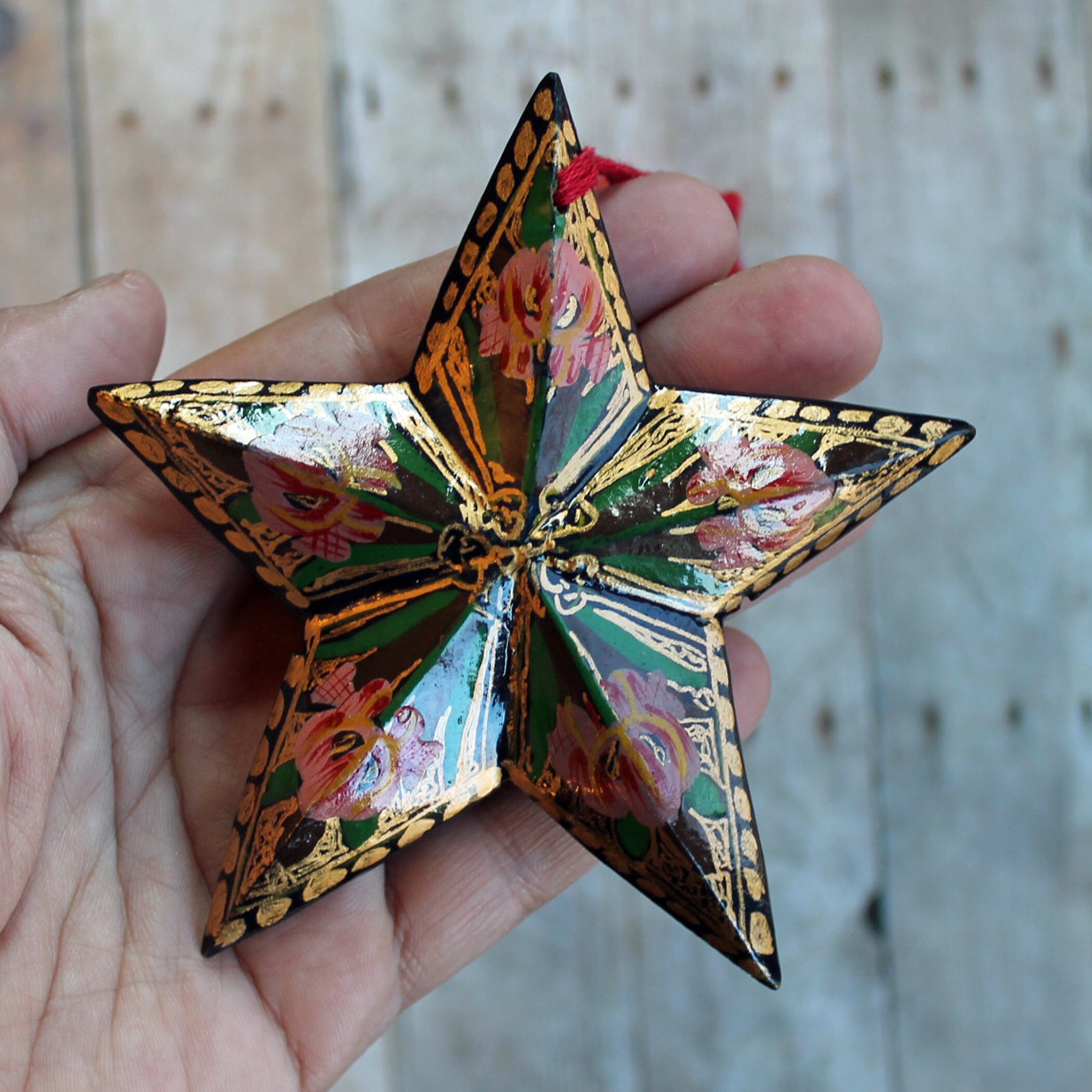 Vintage Kashmir Paper Mache Star Christmas Ornament Hand Painted Black