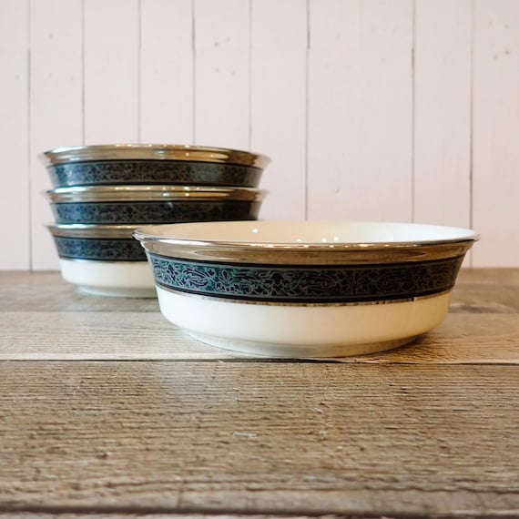 Vintage Lenox Moonlight Mood Fruit Bowl Set of 4 or Set of 8 Ivory White with Black and Green Leaf Design Band