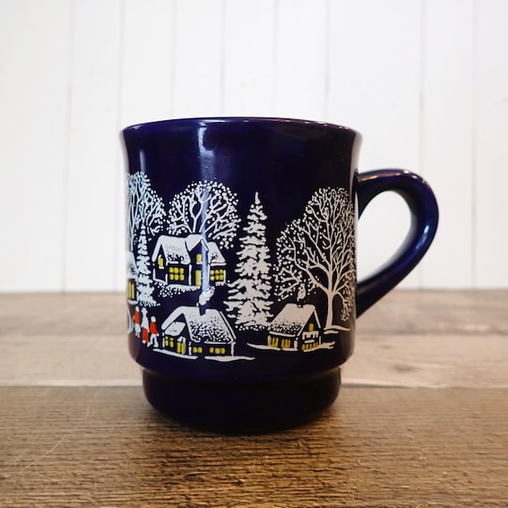 Vintage Van Well Gluhwein Cobalt Blue Mug with White Village Scene Wellco Design Germany