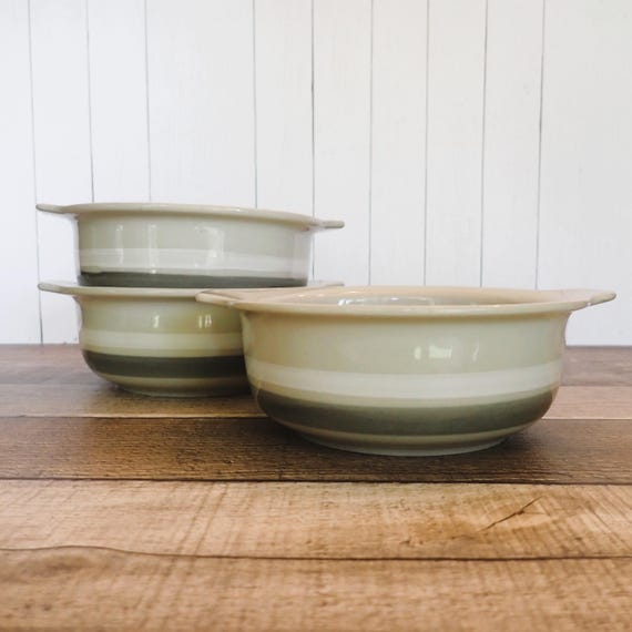 Vintage Arabia Finland SALLA Lugged Cereal Bowl Set of 3 Bowls White and Gray Stoneware with Colored Bands