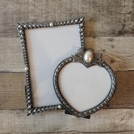 Vintage Heart Shaped Frame Silver Metal and Pearl Set of 2 Wedding Frame
