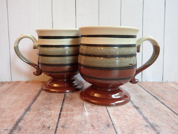 Vintage Stoneware Mugs Set of 2 White with with Tan and Brown Striped and Speckled Modern Design