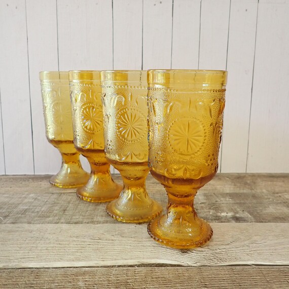 Vintage Brockway Glass AMERICAN CONCORD AMBER Water Goblet Set of 4 with Daisy Design Golden Yellow Floral Design Sandwich Glass