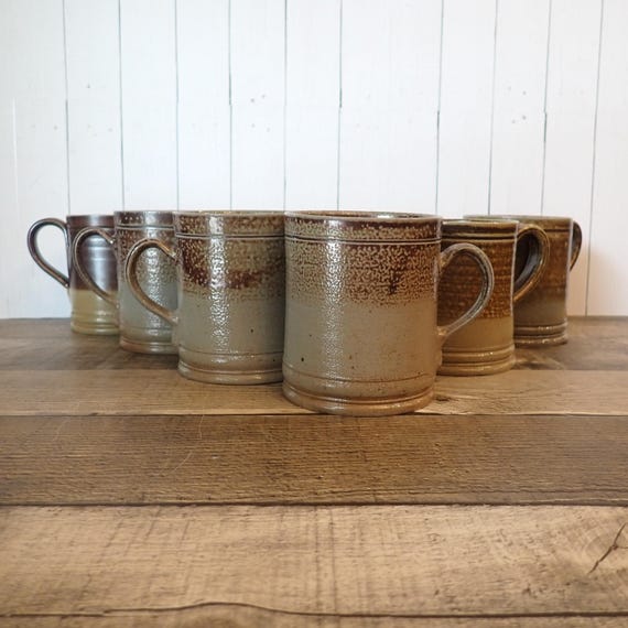 Vintage Williamsburg Restoration Stoneware Mug Set of 6 Gray and Brown Salt Glazed Pottey