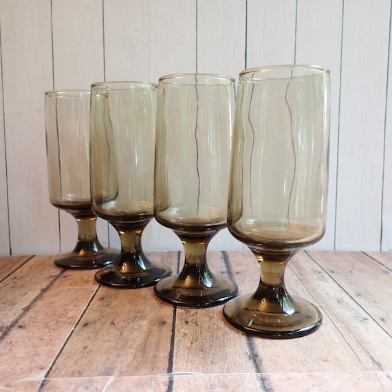 Vintage Libbey Glass TAWNY ACCENT Smoky Brown Whiskey Sour Glasses Set of 4 Footed Glasses