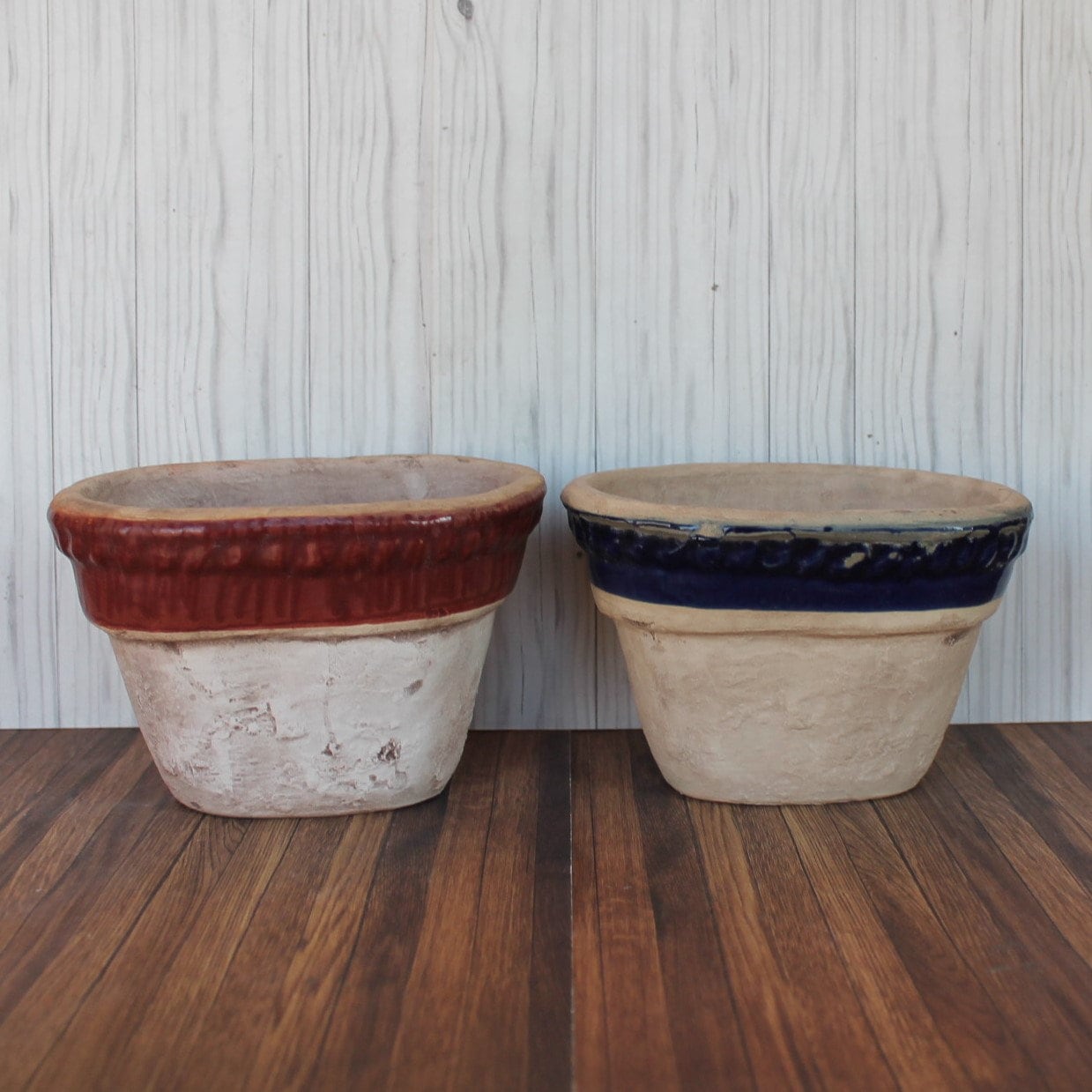 Vintage Rowe Pottery Works Stoneware Planter Flower Pot Set of 2 Tan