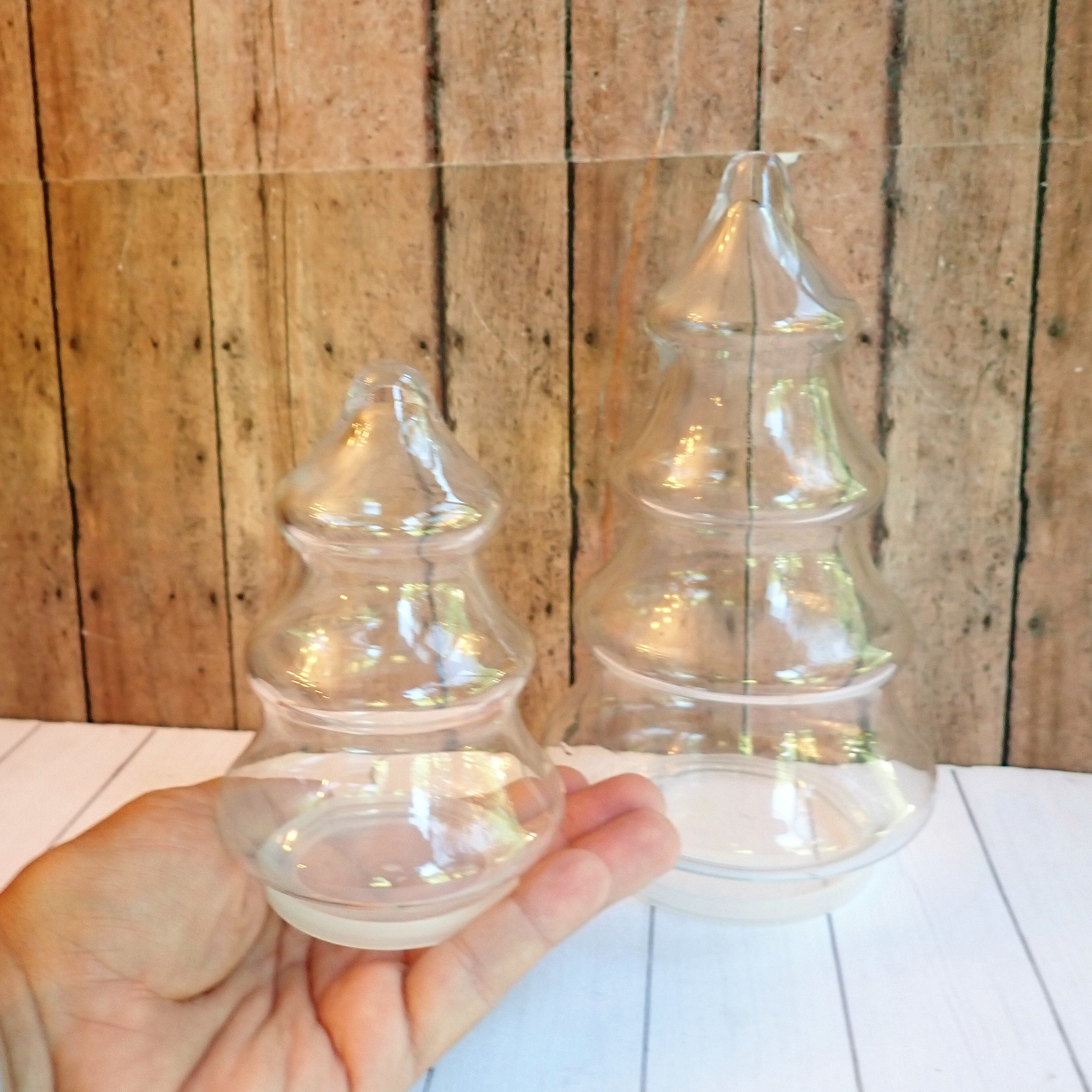 Vintage Clear Glass Christmas Pine Tree Jar Container Canister Set of 2