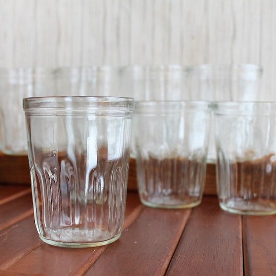 Vintage Clear Glass Jelly Jar Style Juice Glasses 8 oz. Tumblers Set of 6 Ribbed Design Clear Drinking Glass