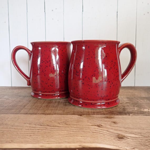 Vintage Denby HARLEQUIN Tudor Mug Set of 2 Red and Green  Ceramic England 1990s