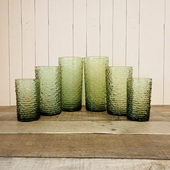Vintage Anchor Hocking SORENO Avocado Set of 6 Glasses Tumbler Highball Juice Textured Bark Design