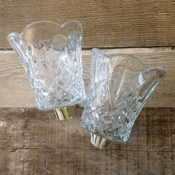 Vintage Clear Glass Votive Candle Cup Set of 2 with Floral Leaf Pineapple Design for Wall Sconce or Candlestick Holder