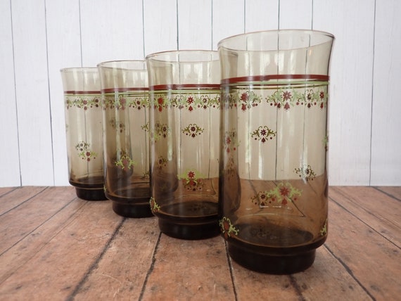 Vintage Anchor Hocking CHANTILLY Smoky Tawny Brown Tumbler Cooler Set of 4 with Red Flower and Green Scroll Design 16 oz. Glasses