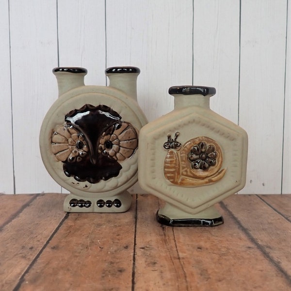 Vintage Takahashi Stoneware Bud Vase with Owl and Snail Design Set of 2 Vases Gray Brown and Orange Rustic Vases
