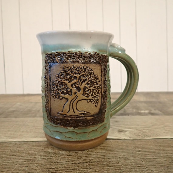 Vintage Bear Paw Pottery Tree of Life Mug Green and Brown Stoneware Mug