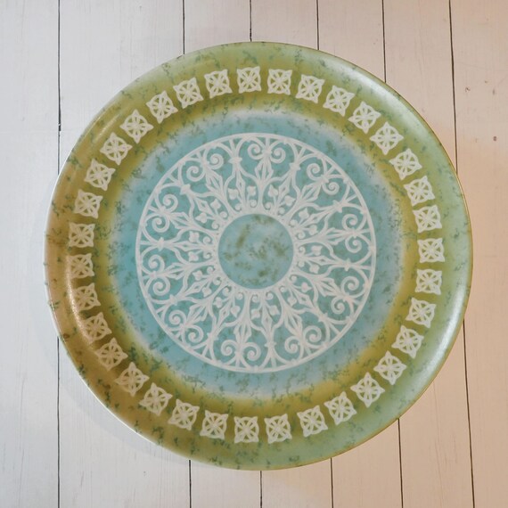 Vintage Kenro Melmac Melamine Dinner Plate Set of 4 Blue and Green with Floral Medallion Design