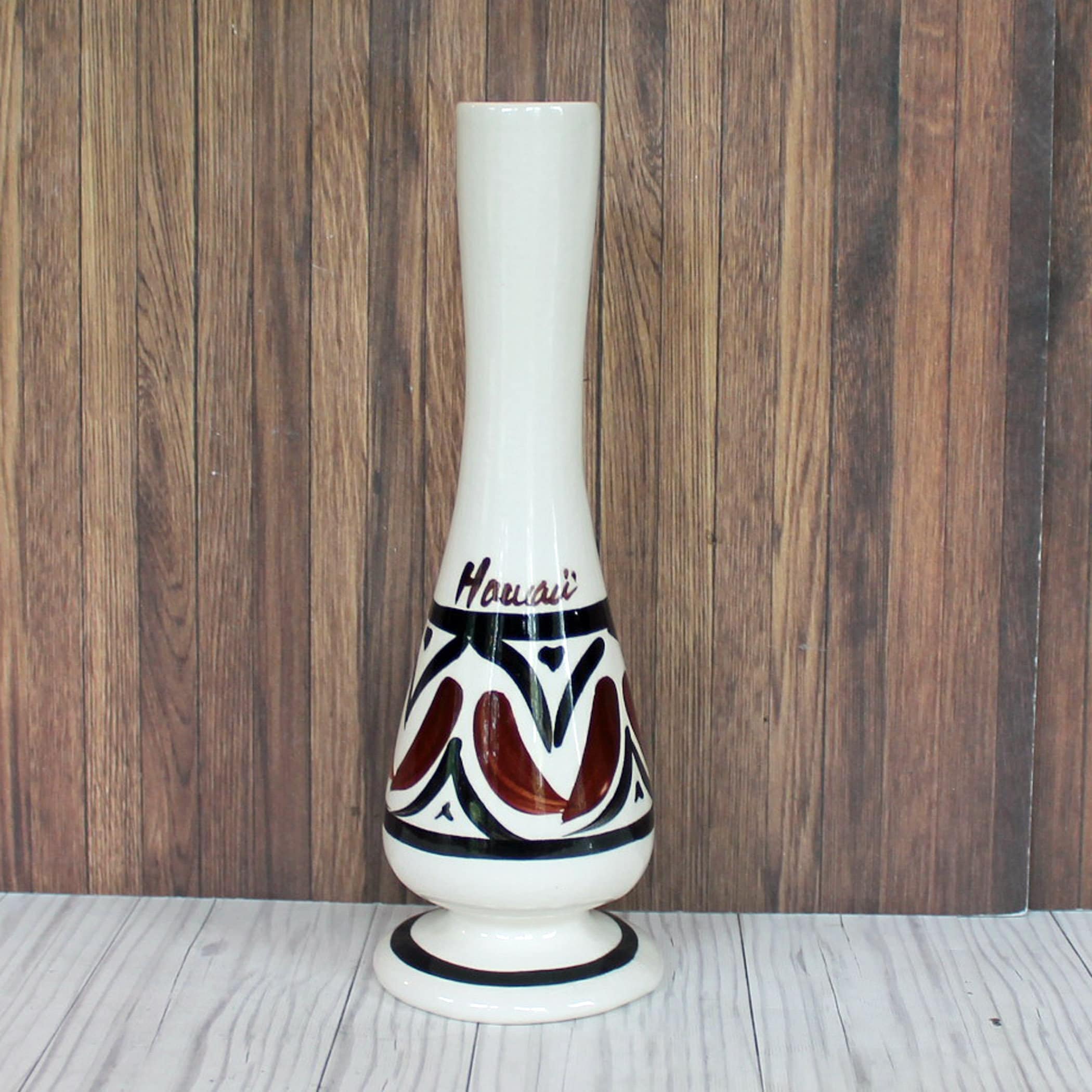 Vintage Ceramic Hawaiian Pottery Bud Vase White Brown Black Tapa Design